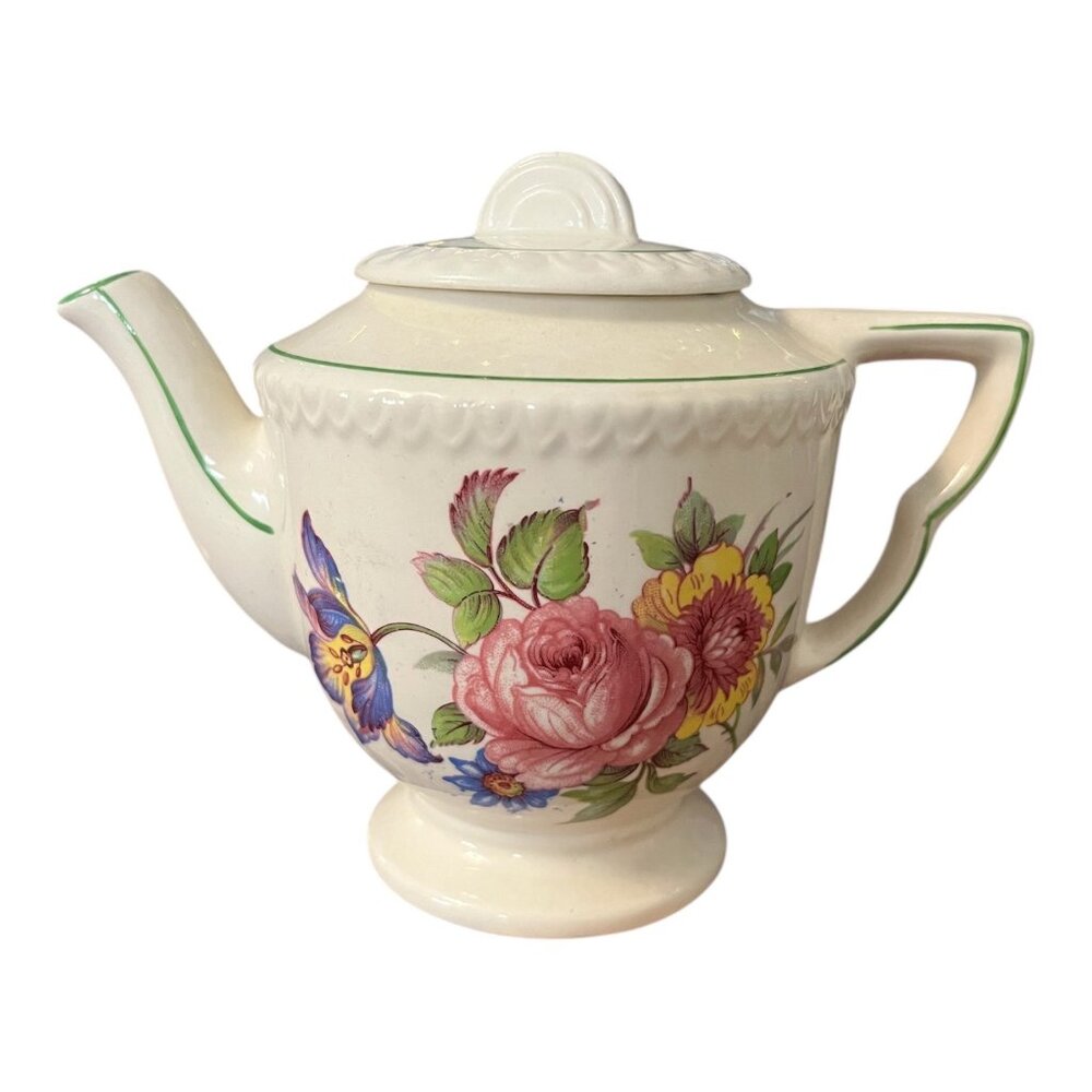 Vintage Floral Teapot Made in England Embossed Ceramic Tea Pot Cottage Style